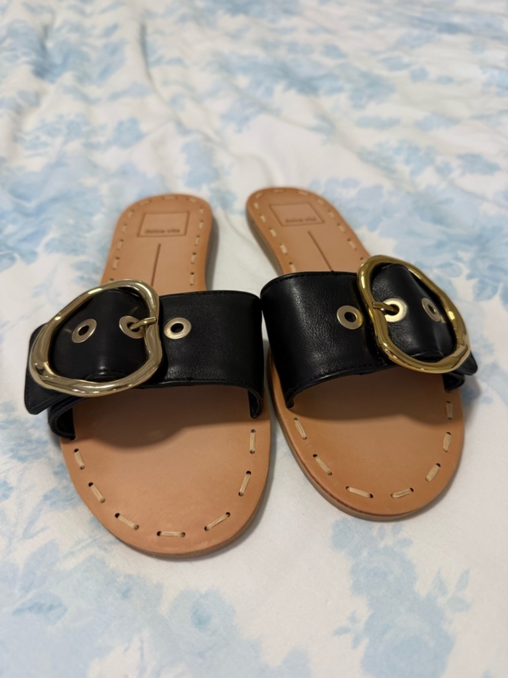 Dolce Vita Black Slide Sandals with Gold Buckle Accent